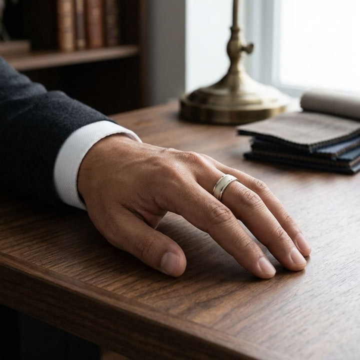 7mm Florentine Center High Polish Round Edge Carved Wedding Band in 18K Yellow Gold, worn on hand, masculine full view