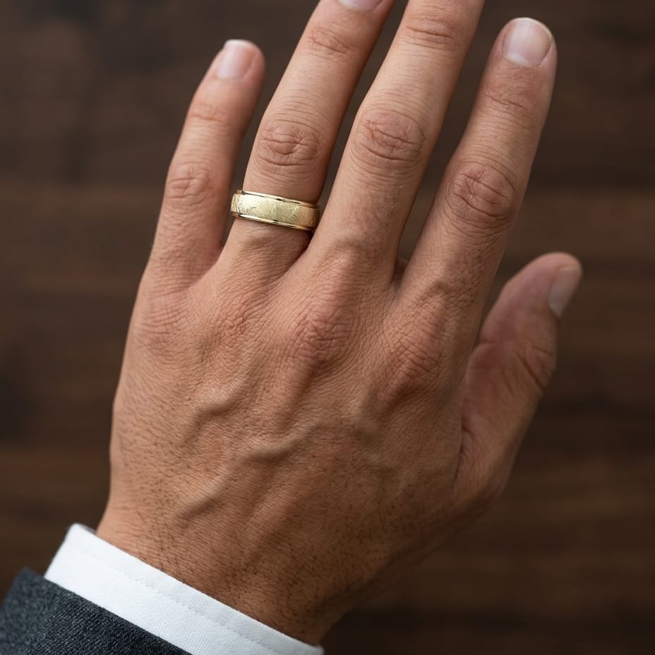 7mm Comfort-Fit Wedding Band in 18K Yellow Gold, worn on hand, masculine close-up