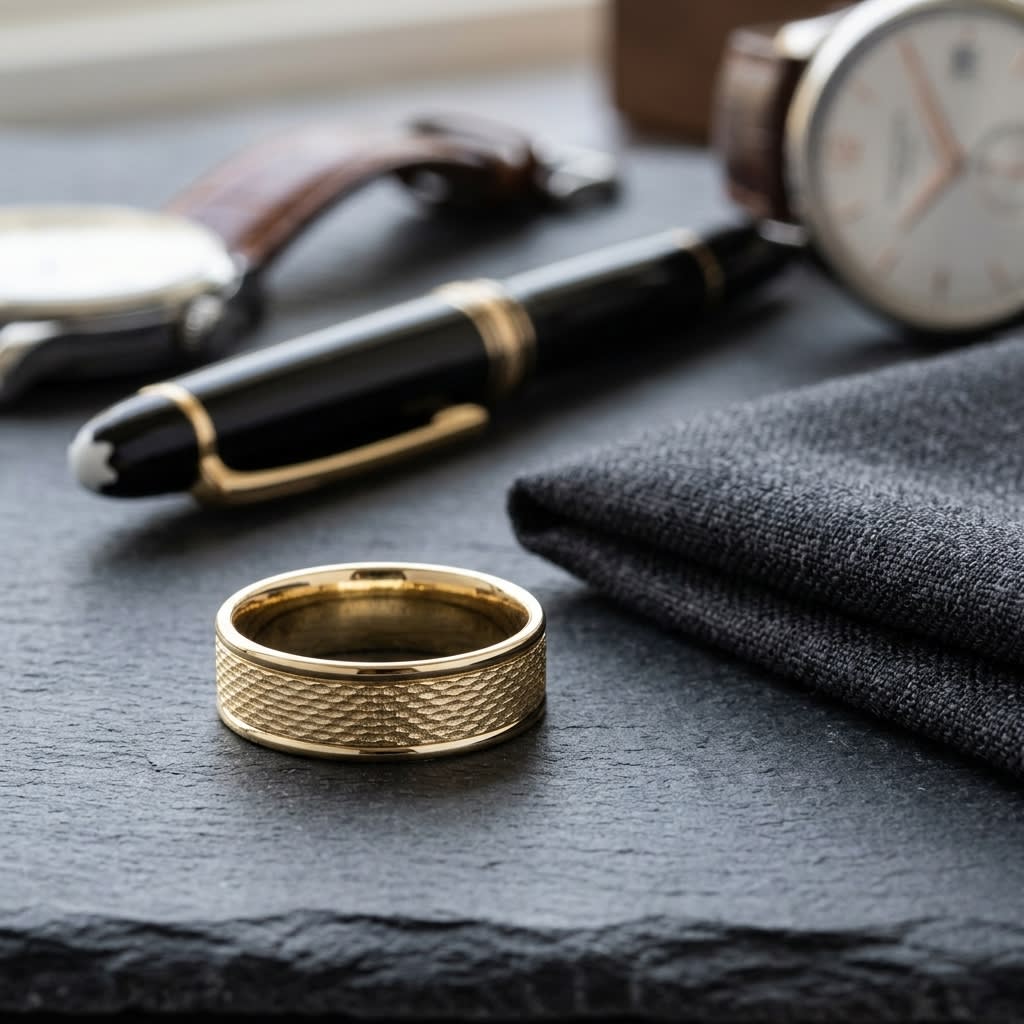 7.5mm Round Edge Mesh Center Carved Wedding Band in 18K Yellow Gold, on walnut surface with pocket square