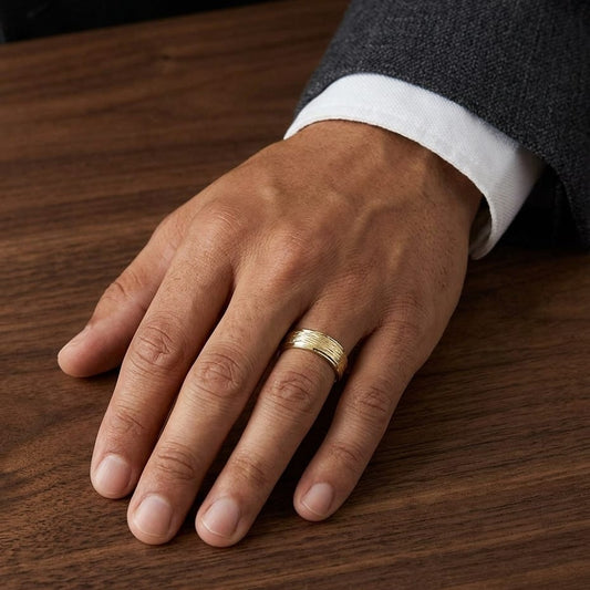 7.5mm Comfort-Fit Wedding Band in 18K Yellow Gold, worn on hand, masculine full view