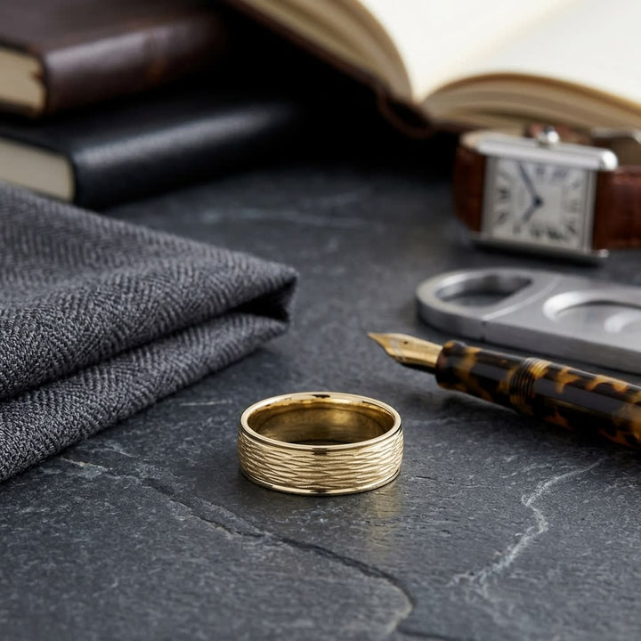 7.5mm Comfort-Fit Wedding Band in 18K Yellow Gold, on walnut surface with pocket square