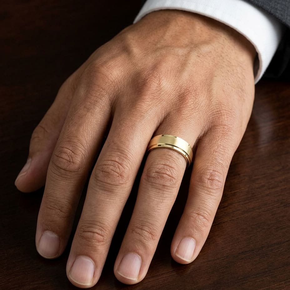 7mm Satin Finish Carved Wedding Band in 18K Yellow Gold, worn on hand, masculine close-up
