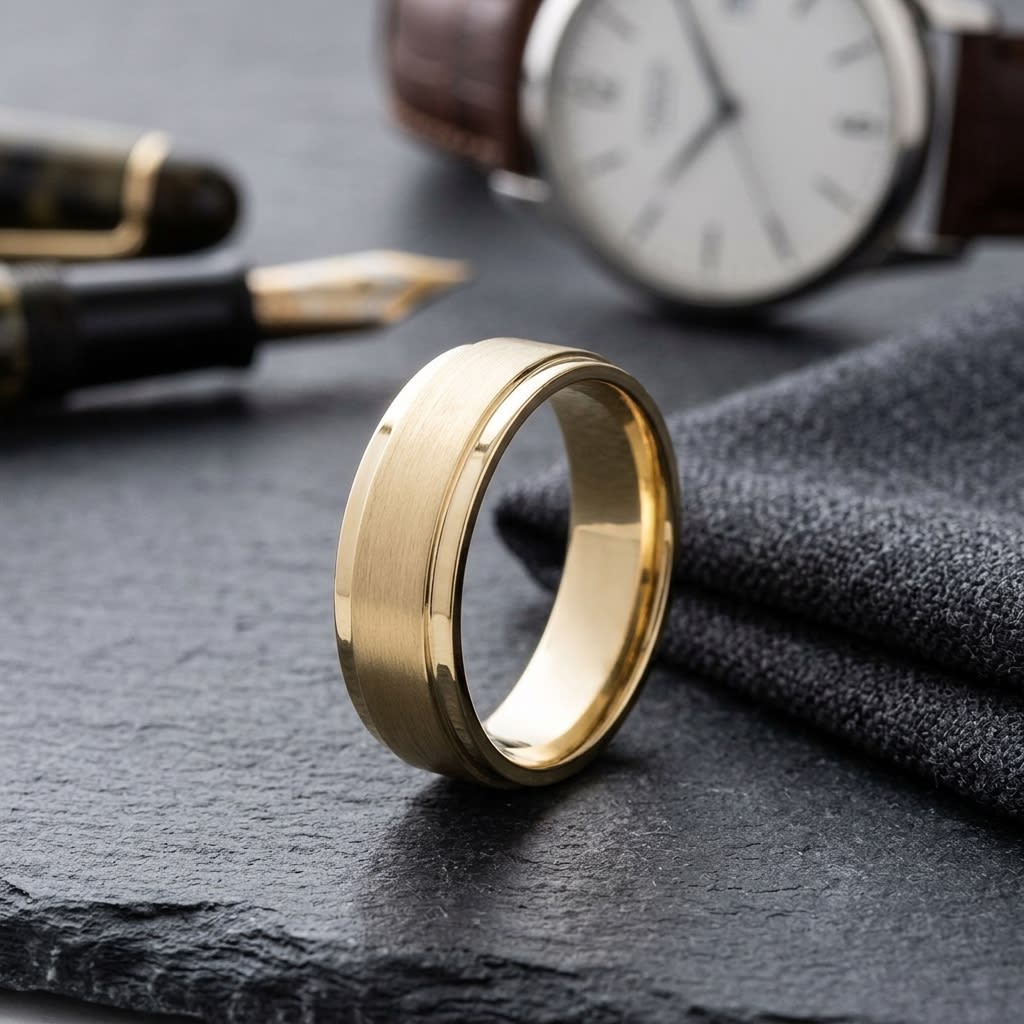 7mm Satin Finish Carved Wedding Band in 18K Yellow Gold, on walnut surface with pocket square