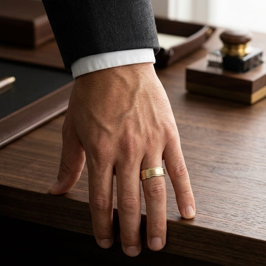 8mm Satin Finish Carved Wedding Band in 18K Yellow Gold, worn on hand, masculine full view