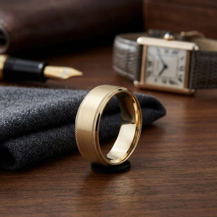 8mm Satin Finish Carved Wedding Band in 18K Yellow Gold, on walnut surface with pocket square