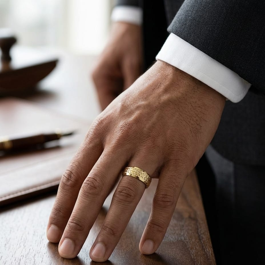 8mm Beveled Edge Treaded Carved Wedding Band in 18K Yellow Gold, worn on hand, masculine full view