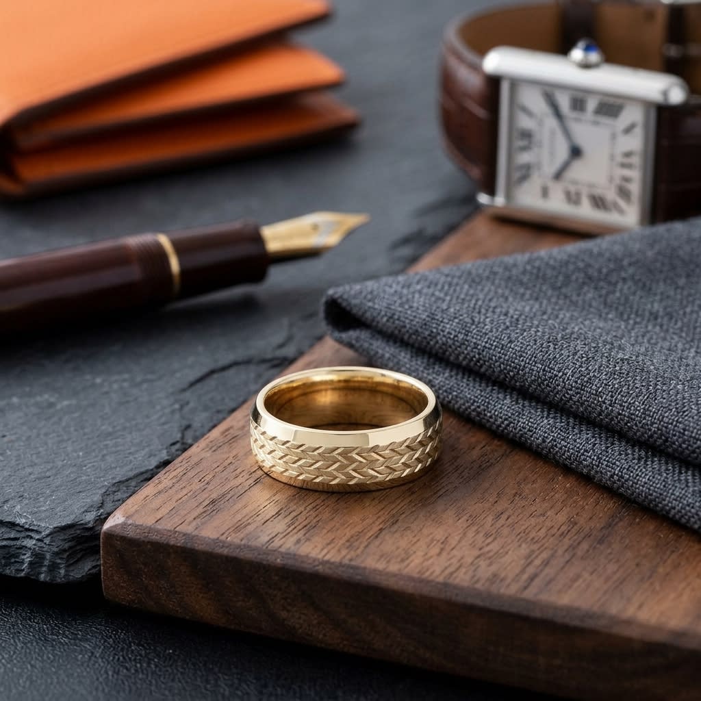8mm Beveled Edge Treaded Carved Wedding Band in 18K Yellow Gold, on walnut surface with pocket square