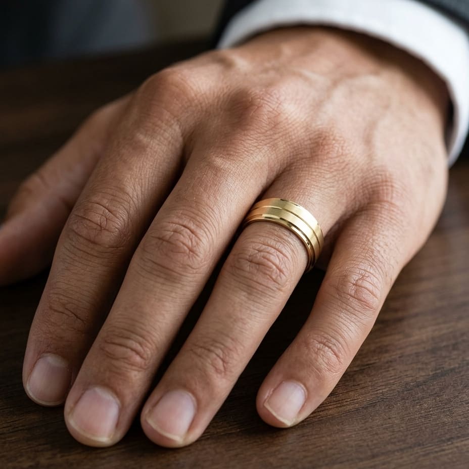 8mm Satin Finish Carved Wedding Band in 18K Yellow Gold, worn on hand, masculine close-up