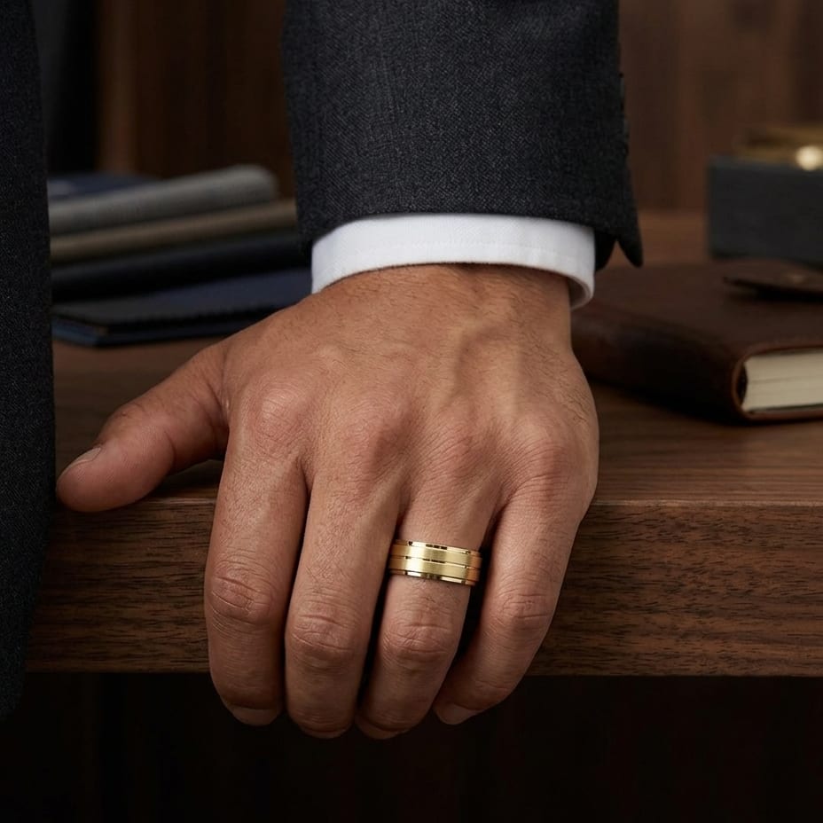 8mm Satin Finish Carved Wedding Band in 18K Yellow Gold, worn on hand, masculine full view