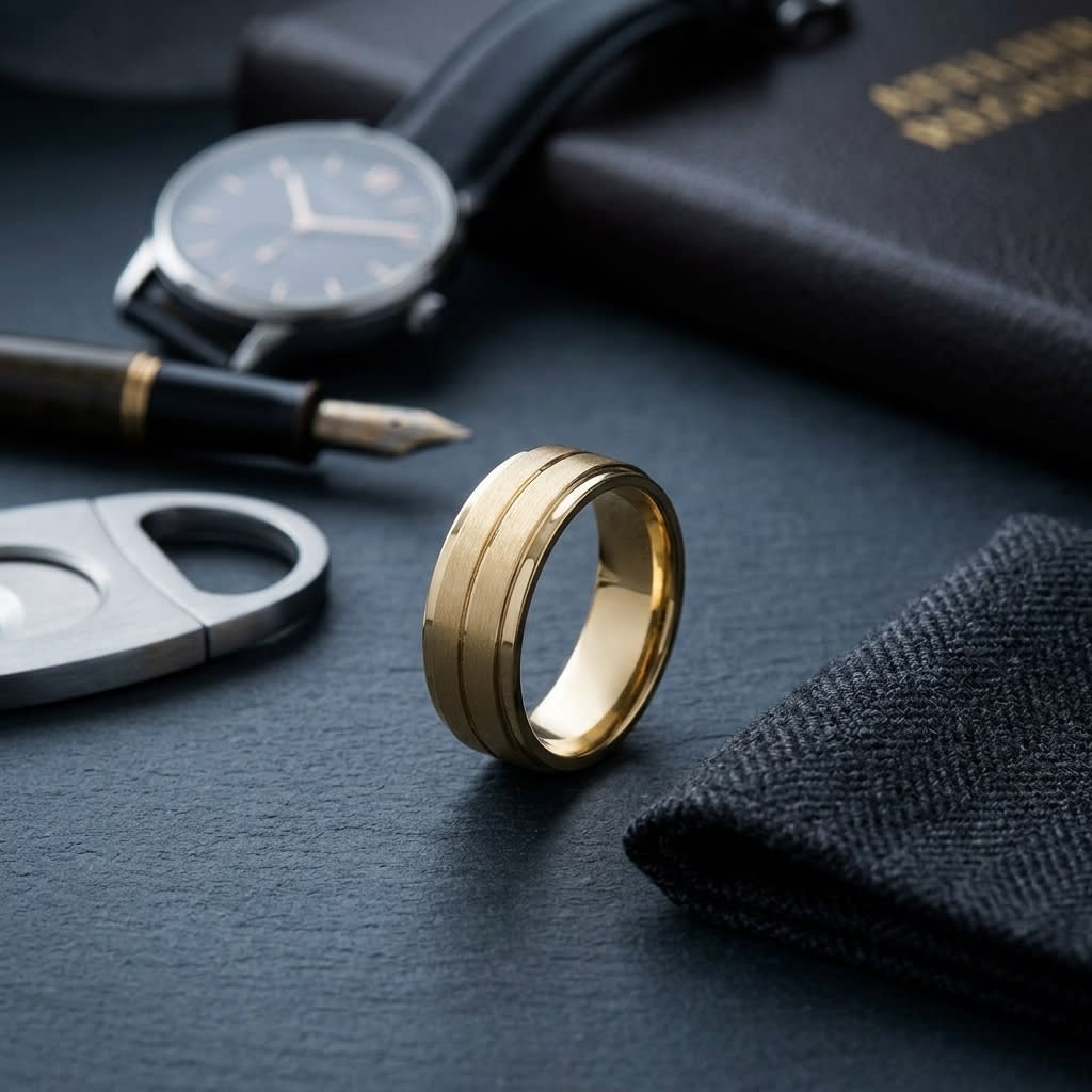 8mm Satin Finish Carved Wedding Band in 18K Yellow Gold, on walnut surface with pocket square