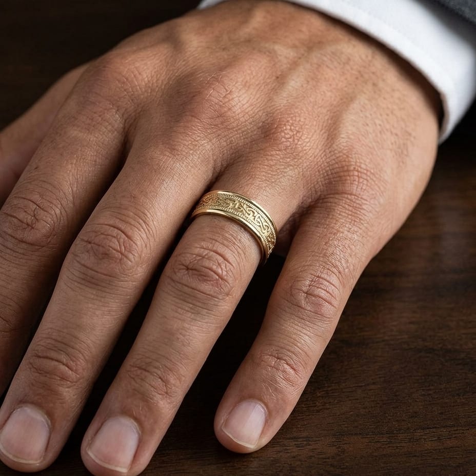 6mm Celtic Knot Carved Wedding Band in 18K Yellow Gold, worn on hand, masculine close-up