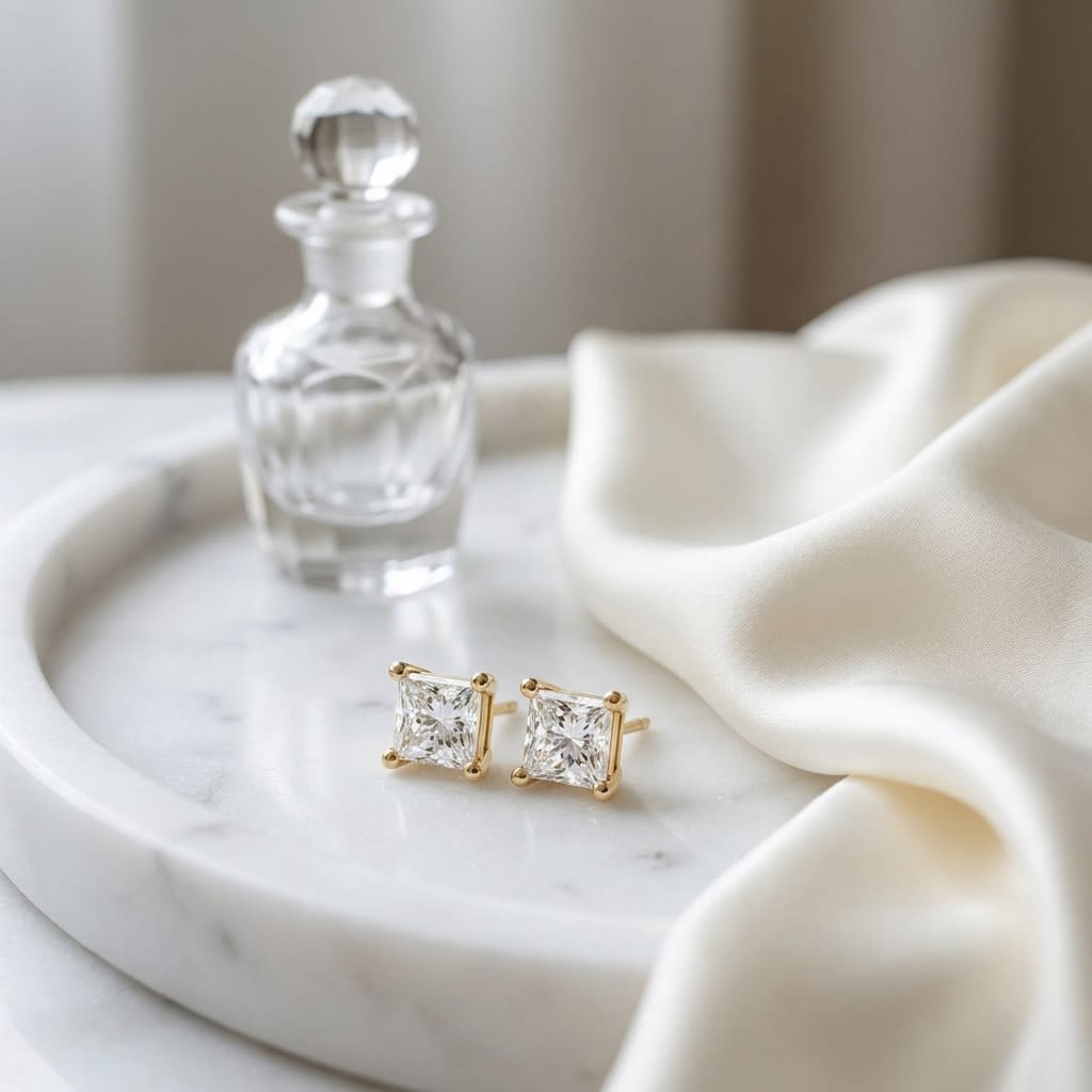 18k Yellow Gold 4-prong Princess Diamond Stud Earrings (0.52 Ct. T.w., Vs1-vs2 Clarity, F-g Color), on marble vanity tray with silk