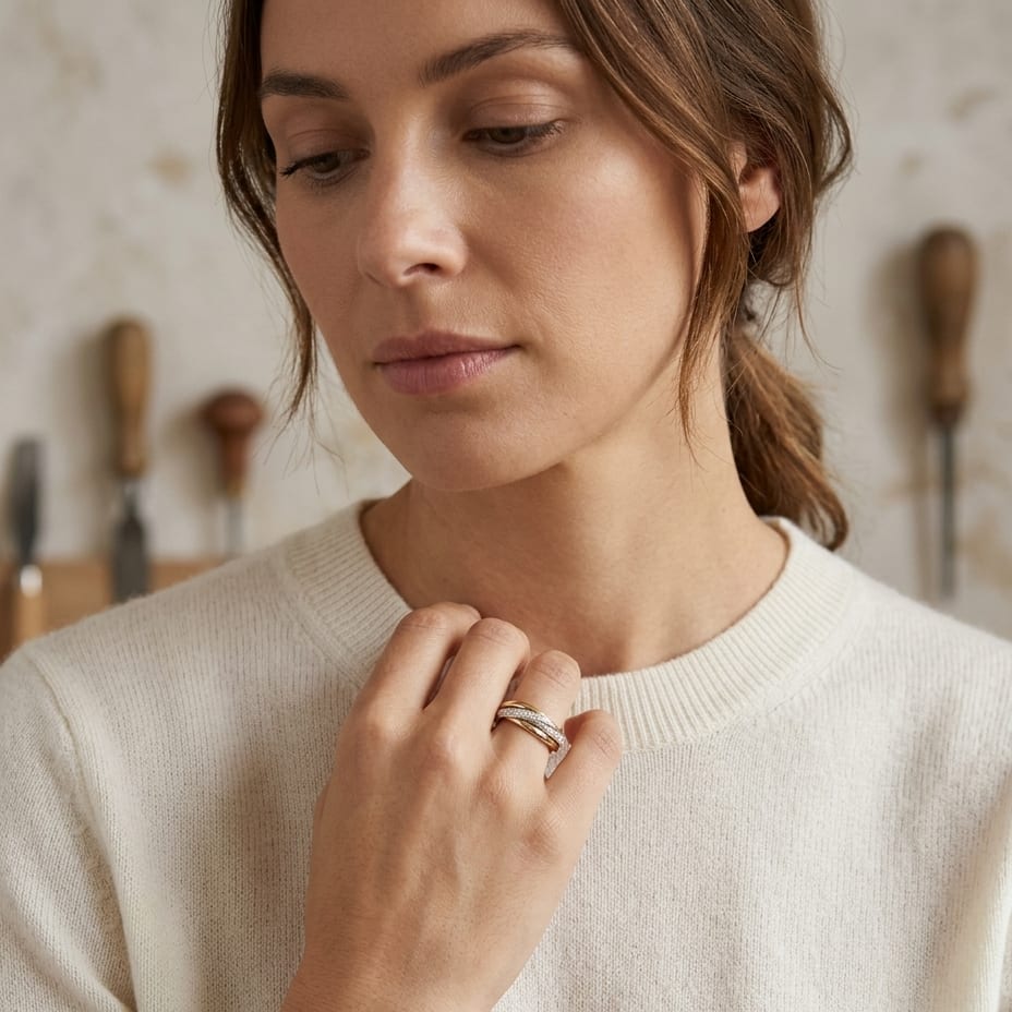 Round Diamond Pavé Ring in 14K Tri-Tone Gold, 0.60ct, worn close-up portrait