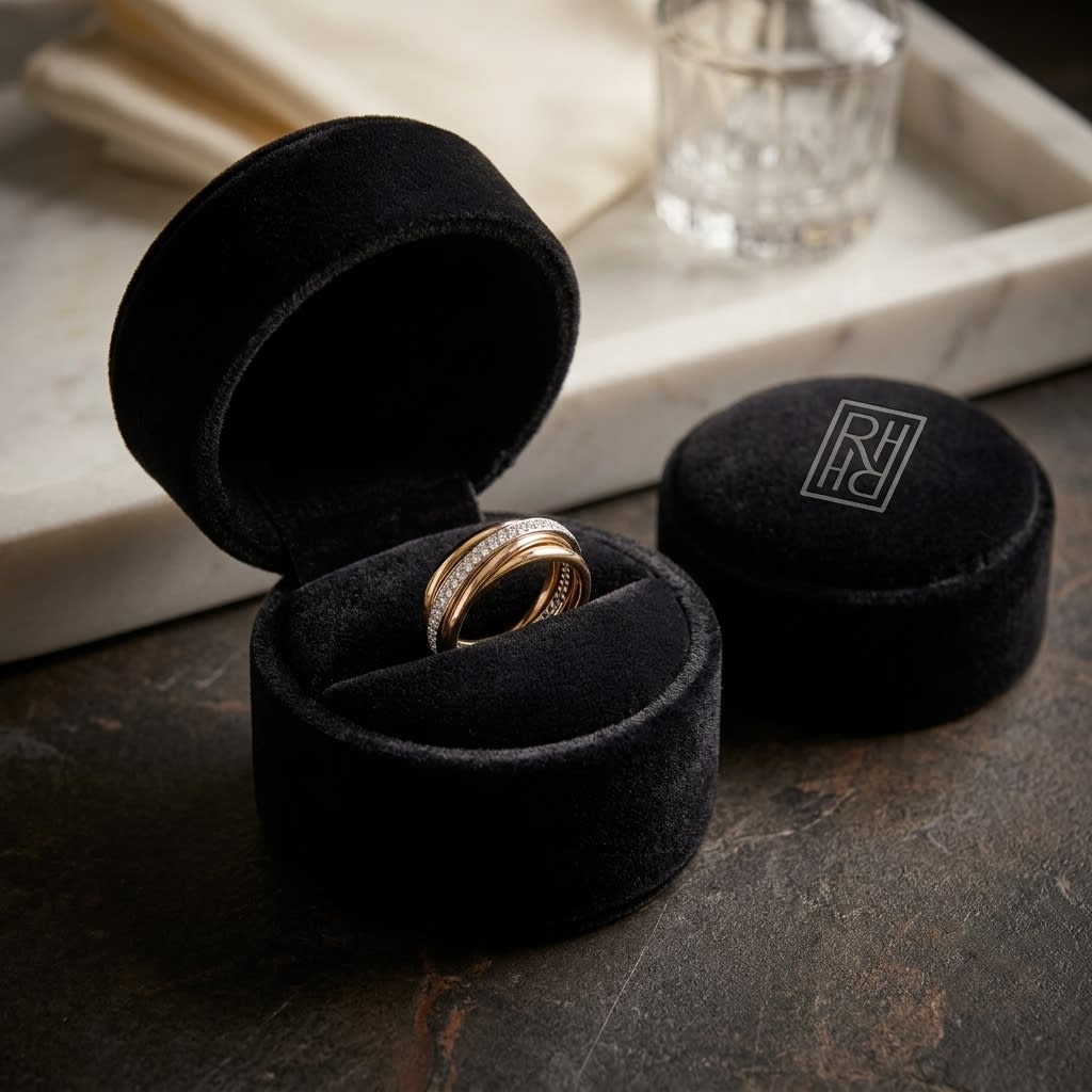 Round Diamond Pavé Ring in 14K Tri-Tone Gold, 0.60ct, in navy velvet jewelry box
