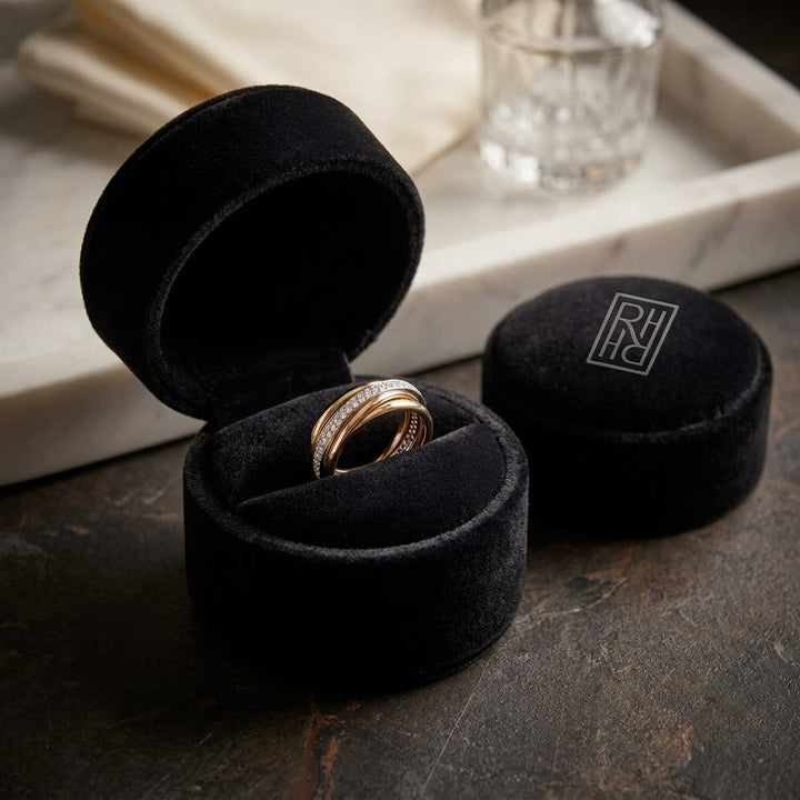 Round Diamond Pavé Ring in 14K Tri-Tone Gold, 0.60ct, in navy velvet jewelry box