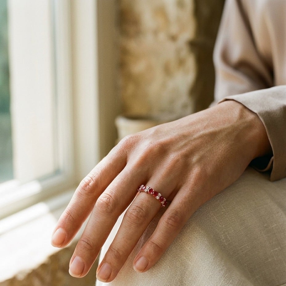 Ruby & Diamond Single Row Prong-Set Band in 14K Rose Gold - lifestyle