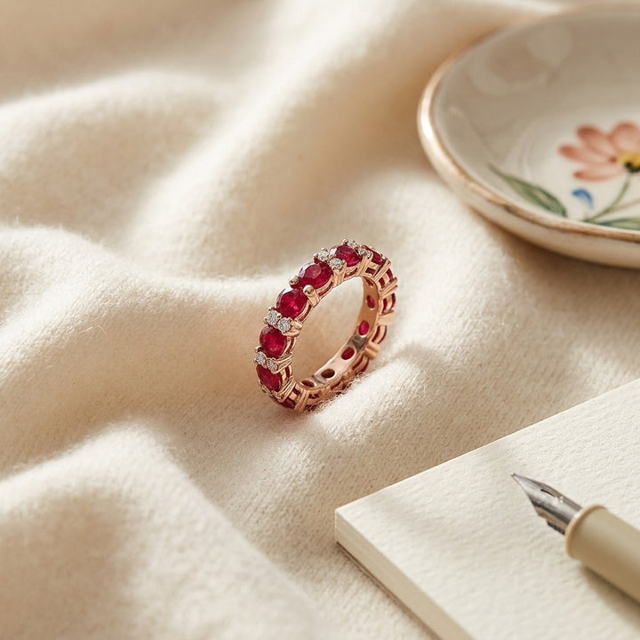 Ruby & Diamond Single Row Prong-Set Band in 14K Rose Gold - flat lay