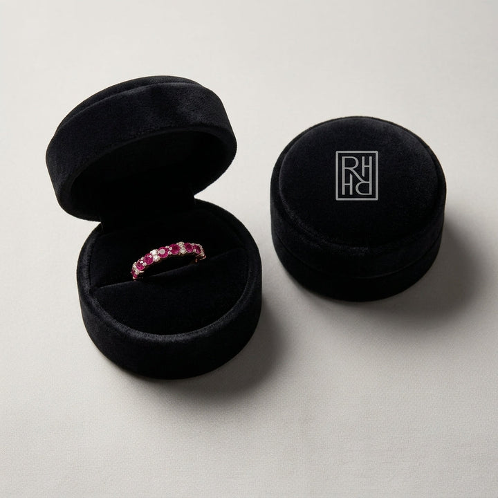 Ruby & Diamond Single Row Prong-Set Band in 14K Rose Gold - presentation