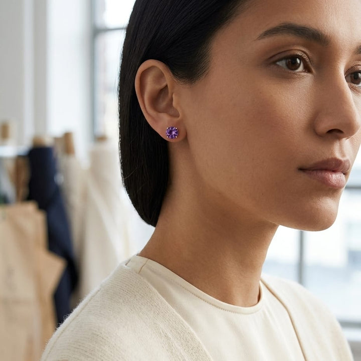 Amethyst Round 4-Prong Stud Earrings with Screwbacks 6mm in 14K Rose Gold - lifestyle