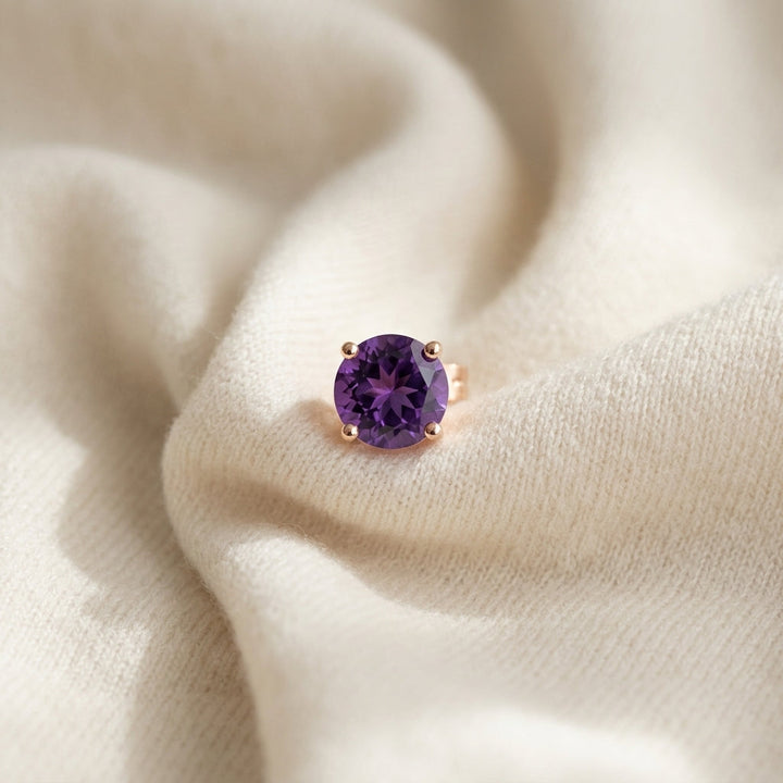 Amethyst Round 4-Prong Stud Earrings with Screwbacks 6mm in 14K Rose Gold - flat lay