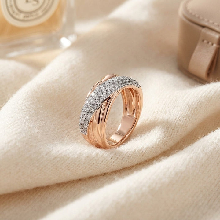 Diamond Pave High Polish Criss Cross Fashion Band in 14K Rose Gold - flat lay