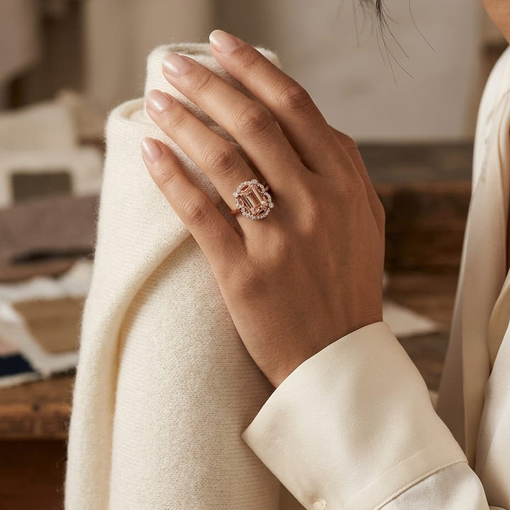 Emerald Cut Morganite Scalloped Framed Ring 14k Rose Gold 0.14ctw, worn close-up portrait