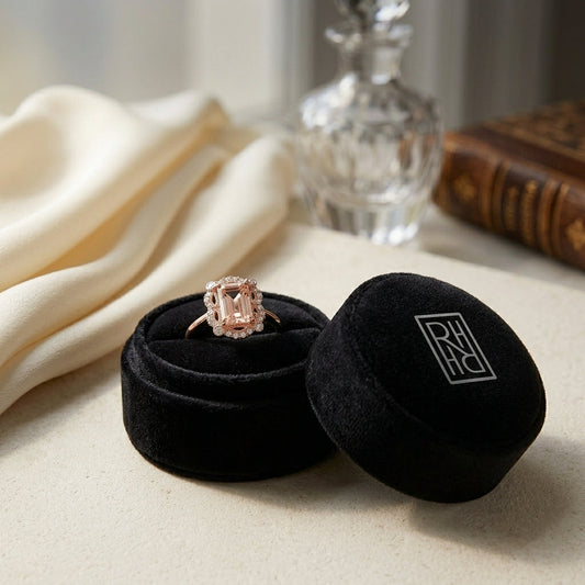 Emerald Cut Morganite Scalloped Framed Ring 14k Rose Gold 0.14ctw, in navy velvet jewelry box
