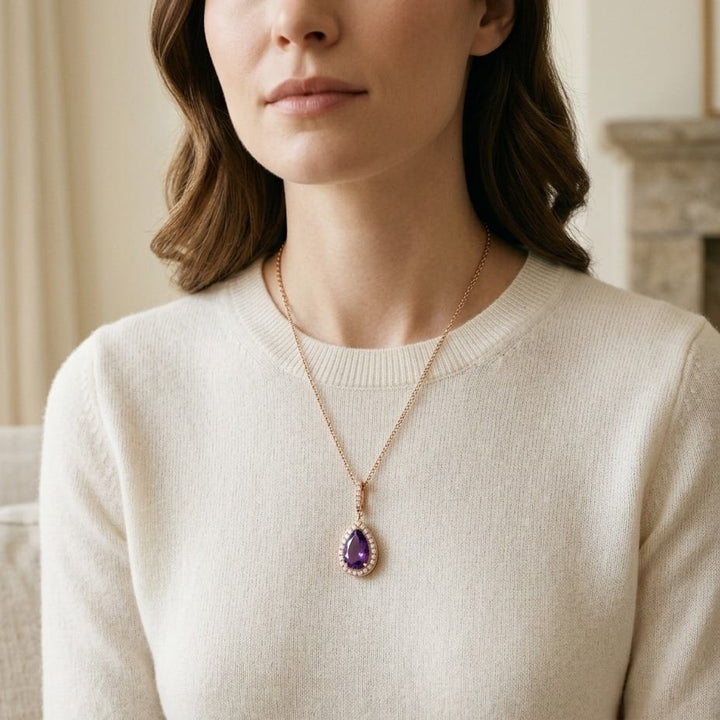 Amethyst & Diamond Pendant in 14K Rose Gold - lifestyle