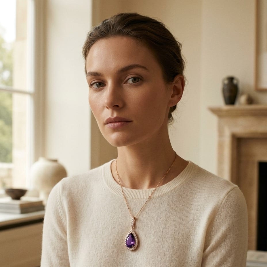 Amethyst & Diamond Pendant in 14K Rose Gold - on model