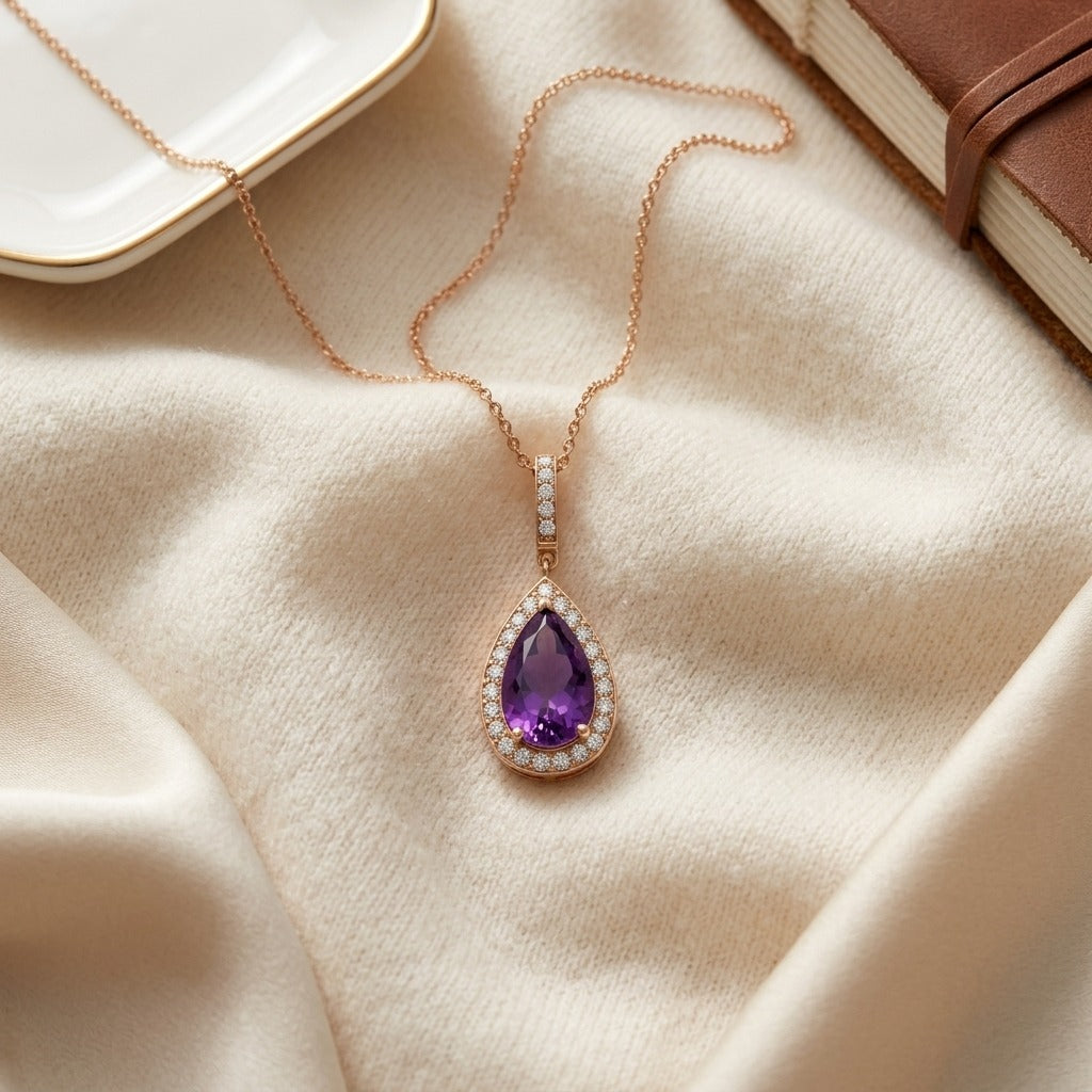 Amethyst & Diamond Pendant in 14K Rose Gold - flat lay