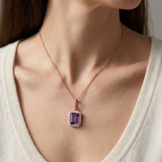 Amethyst Halo Pendant in 14K Rose Gold, worn close-up portrait
