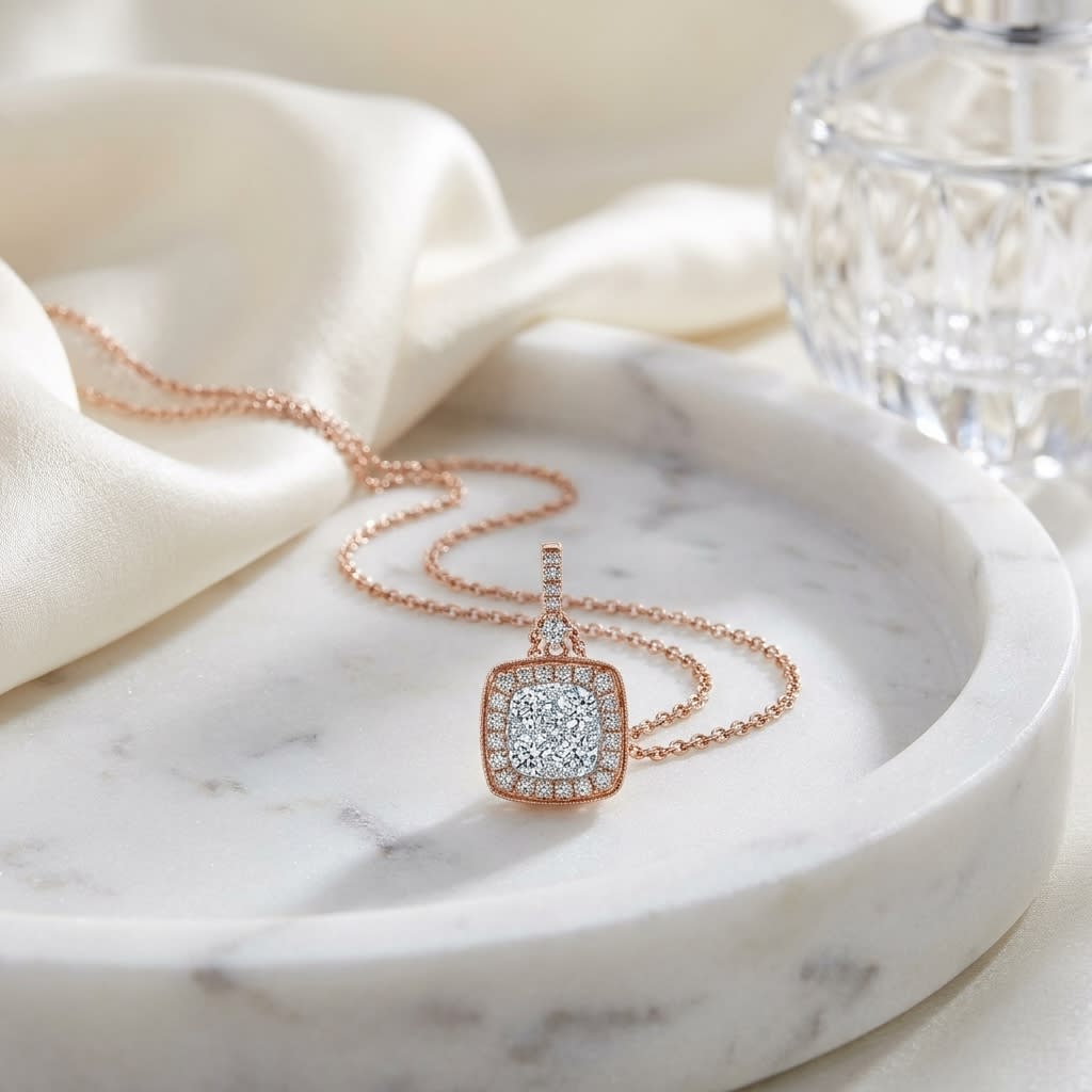 Diamond Pave Cluster Cushion Shaped Pendant In 14k Two Tone Gold (3/4 Ct.tw.), on marble vanity tray with silk