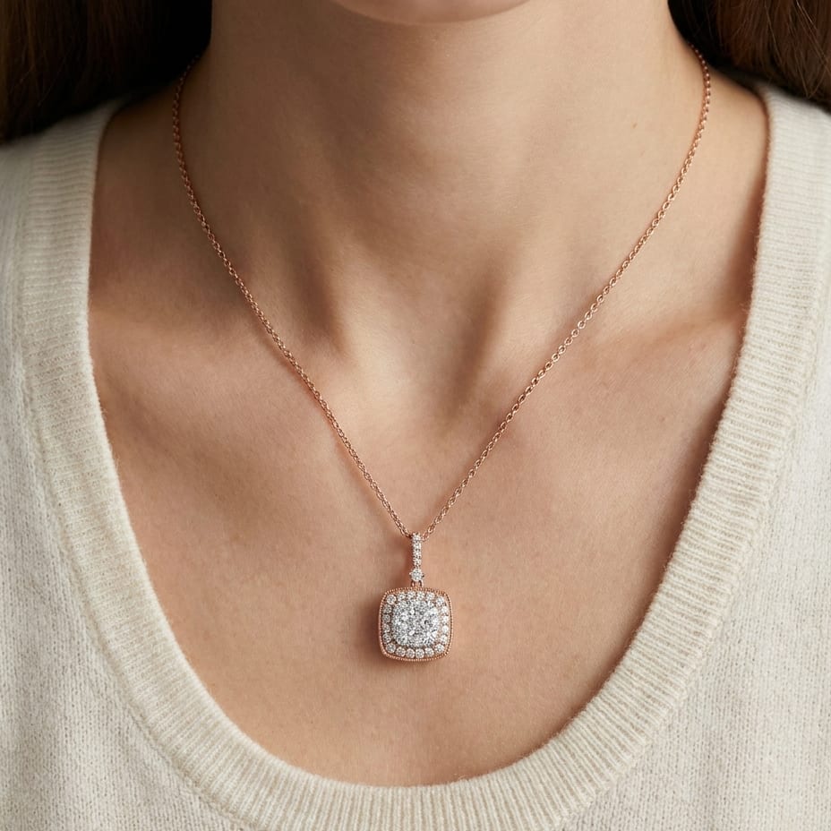 Diamond Pave Cluster Cushion Shaped Pendant In 14k Two Tone Gold (3/4 Ct.tw.), worn close-up portrait