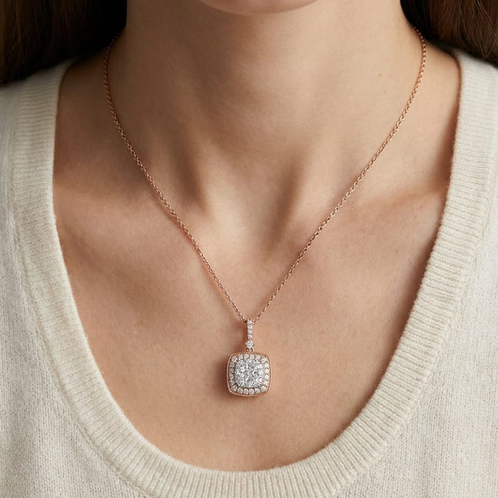 Diamond Pave Cluster Cushion Shaped Pendant In 14k Two Tone Gold (3/4 Ct.tw.), worn close-up portrait