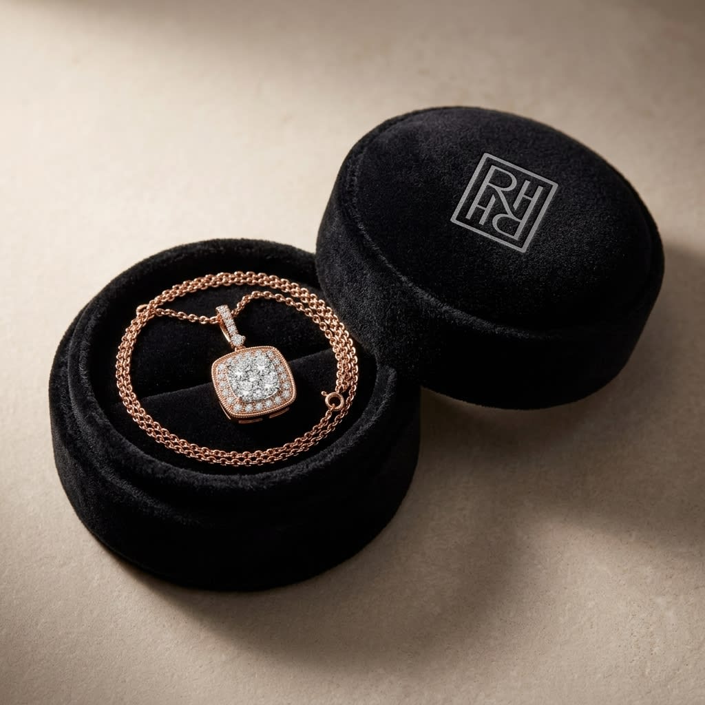 Diamond Pave Cluster Cushion Shaped Pendant In 14k Two Tone Gold (3/4 Ct.tw.), in navy velvet jewelry box