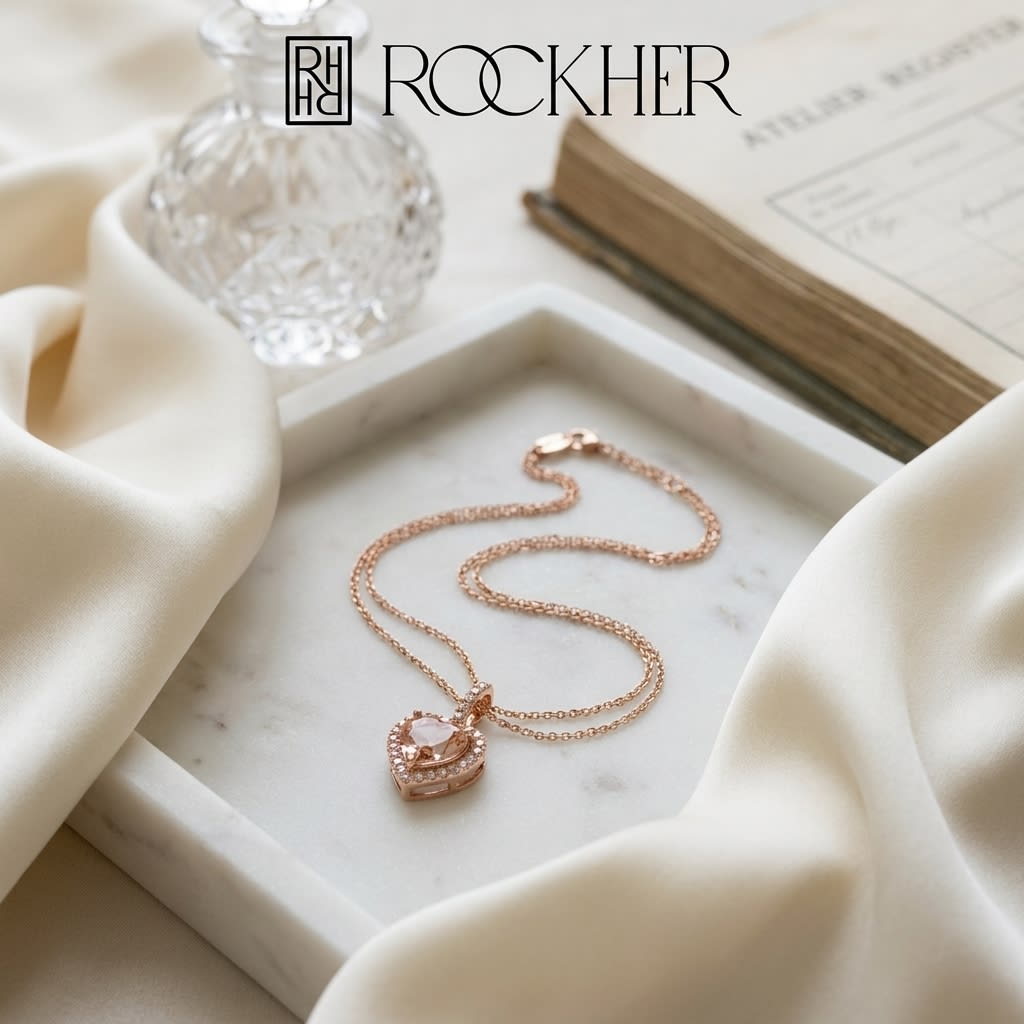 Morganite and Diamond Halo Heart Pendant in 14k Rose Gold 0.24ctw, on marble vanity tray with silk