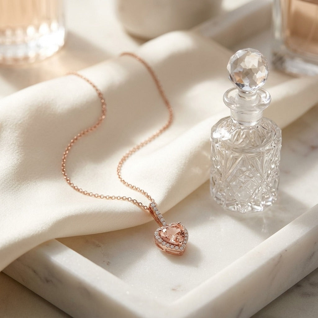 Morganite & Diamond Halo Heart Pendant 1/4ctw in 14K Rose Gold - editorial