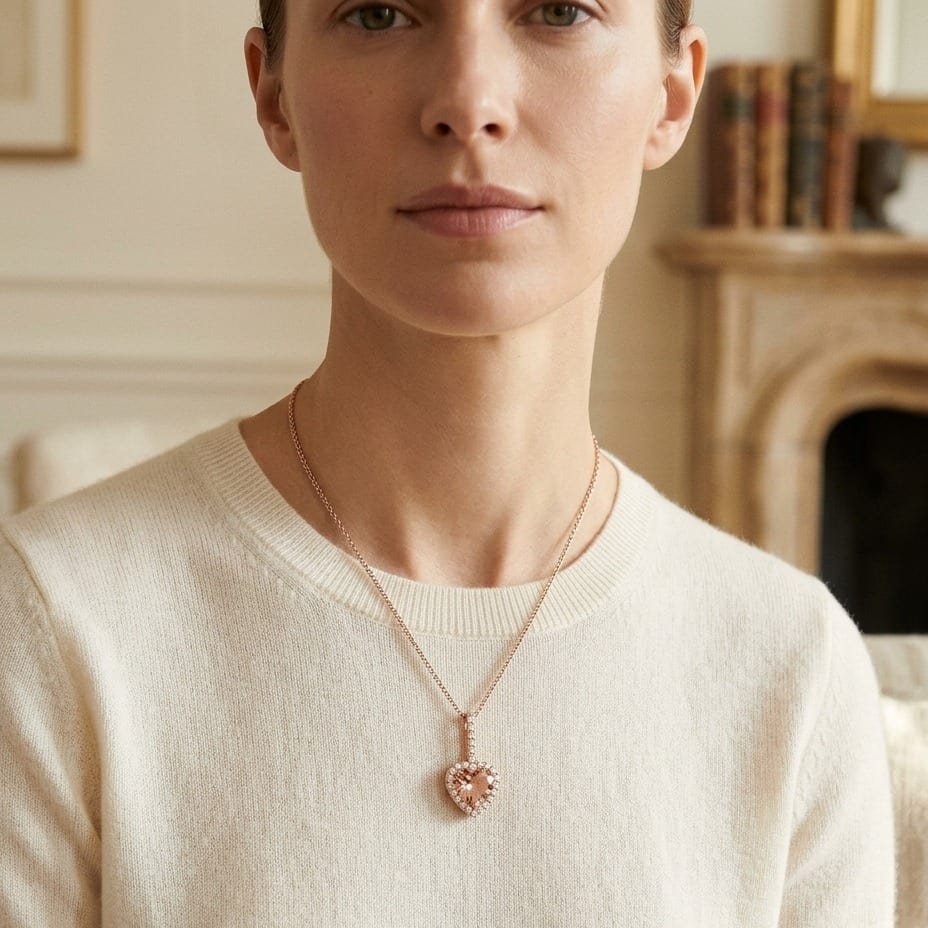 Morganite & Diamond Halo Heart Pendant 1/4ctw in 14K Rose Gold - lifestyle