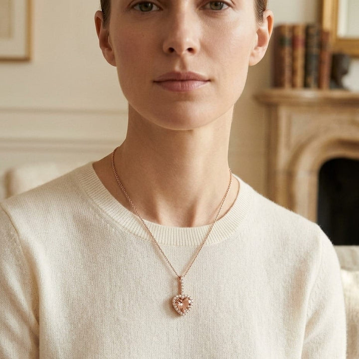 Morganite & Diamond Halo Heart Pendant 1/4ctw in 14K Rose Gold - lifestyle