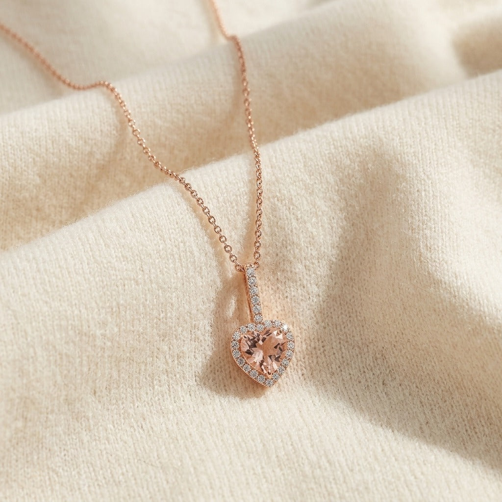 Morganite & Diamond Halo Heart Pendant 1/4ctw in 14K Rose Gold - flat lay