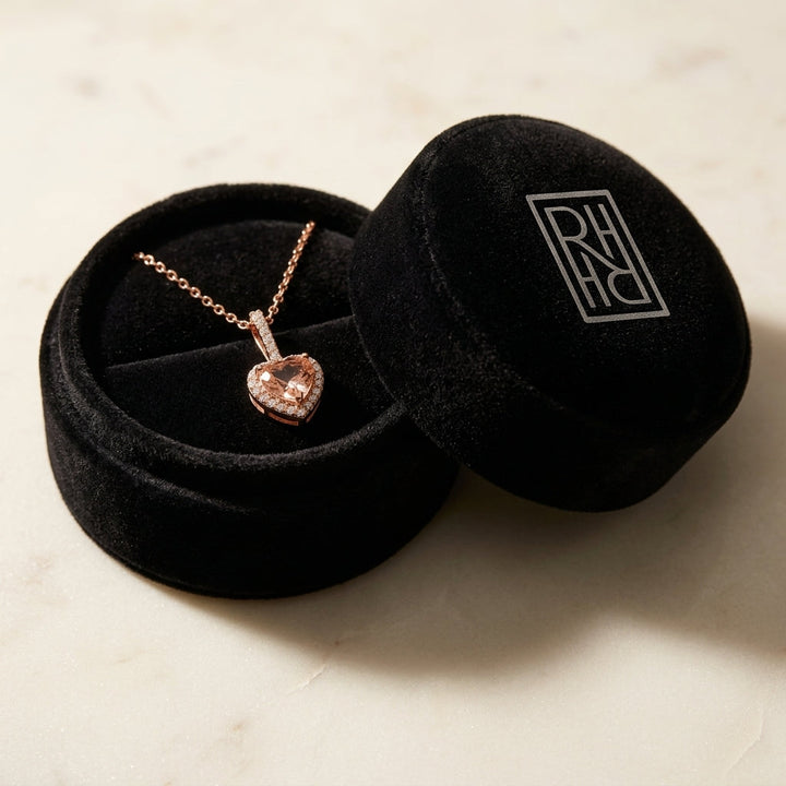 Morganite & Diamond Halo Heart Pendant 1/4ctw in 14K Rose Gold - presentation