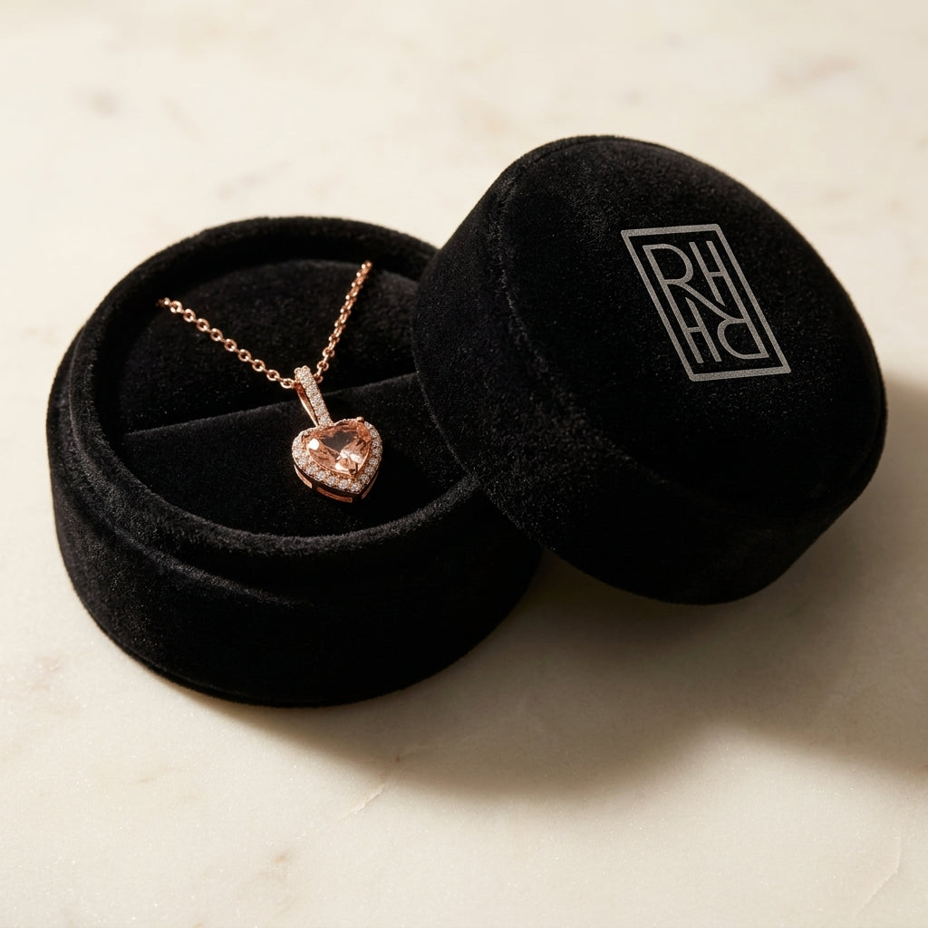 Morganite and Diamond Halo Heart Pendant in 14k Rose Gold 0.24ctw, in navy velvet jewelry box