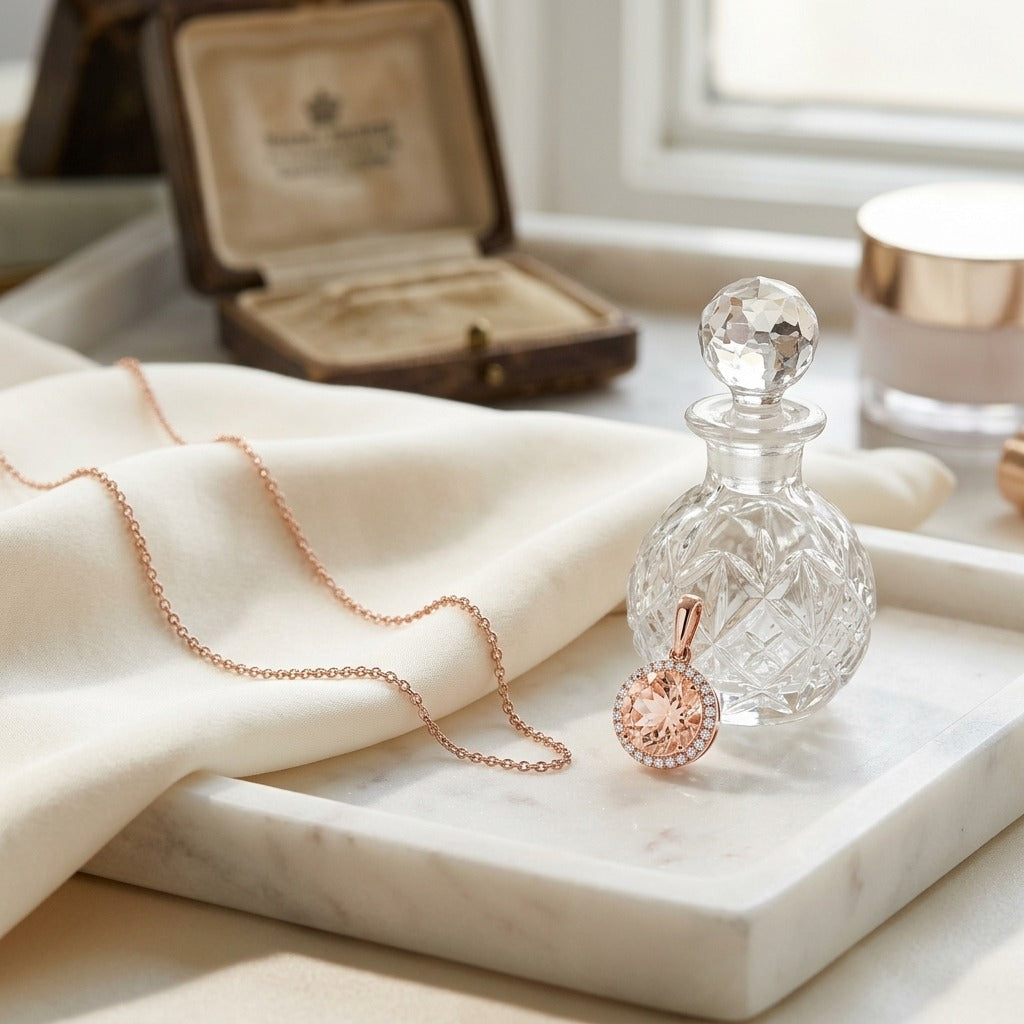 Morganite & Diamond Halo Pendant in 14K Rose Gold - lifestyle