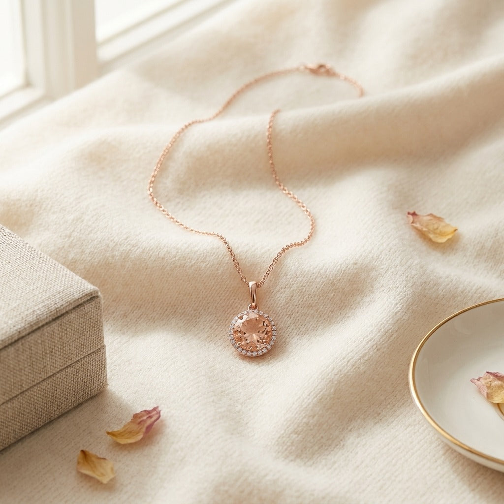 Morganite & Diamond Halo Pendant in 14K Rose Gold - flat lay