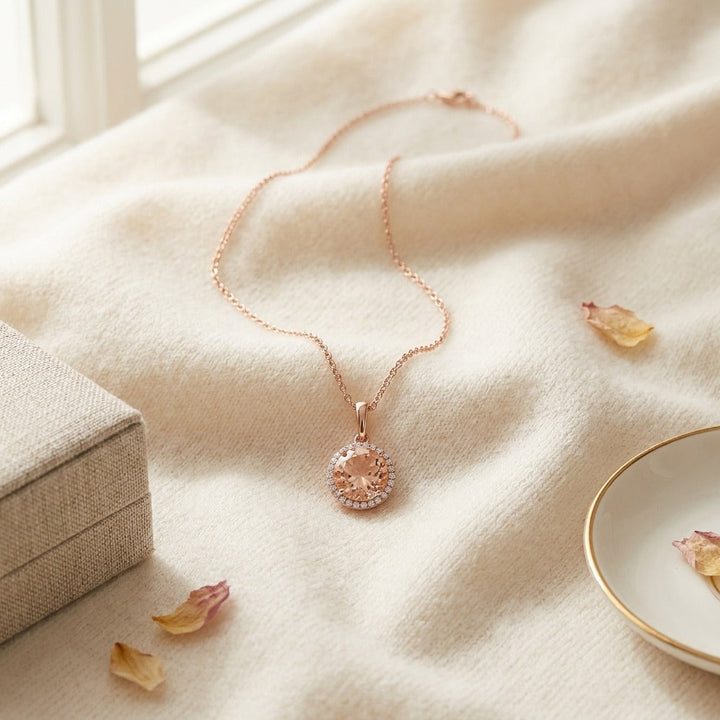 Morganite & Diamond Halo Pendant in 14K Rose Gold - flat lay