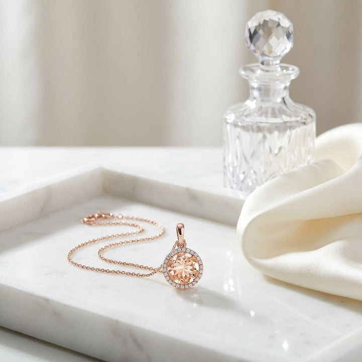 Morganite Round Brilliant Halo Pendant in 14K Rose Gold, on marble vanity tray with silk