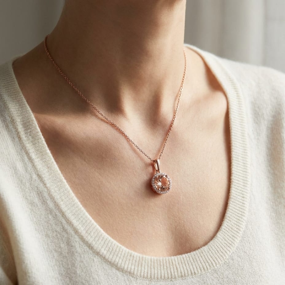 Morganite Round Brilliant Halo Pendant in 14K Rose Gold, worn close-up portrait
