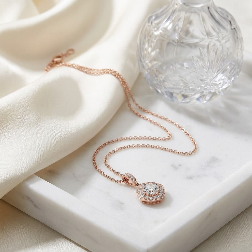 Natural Diamond Round Brilliant Pendant in 14K Rose Gold, on marble vanity tray with silk