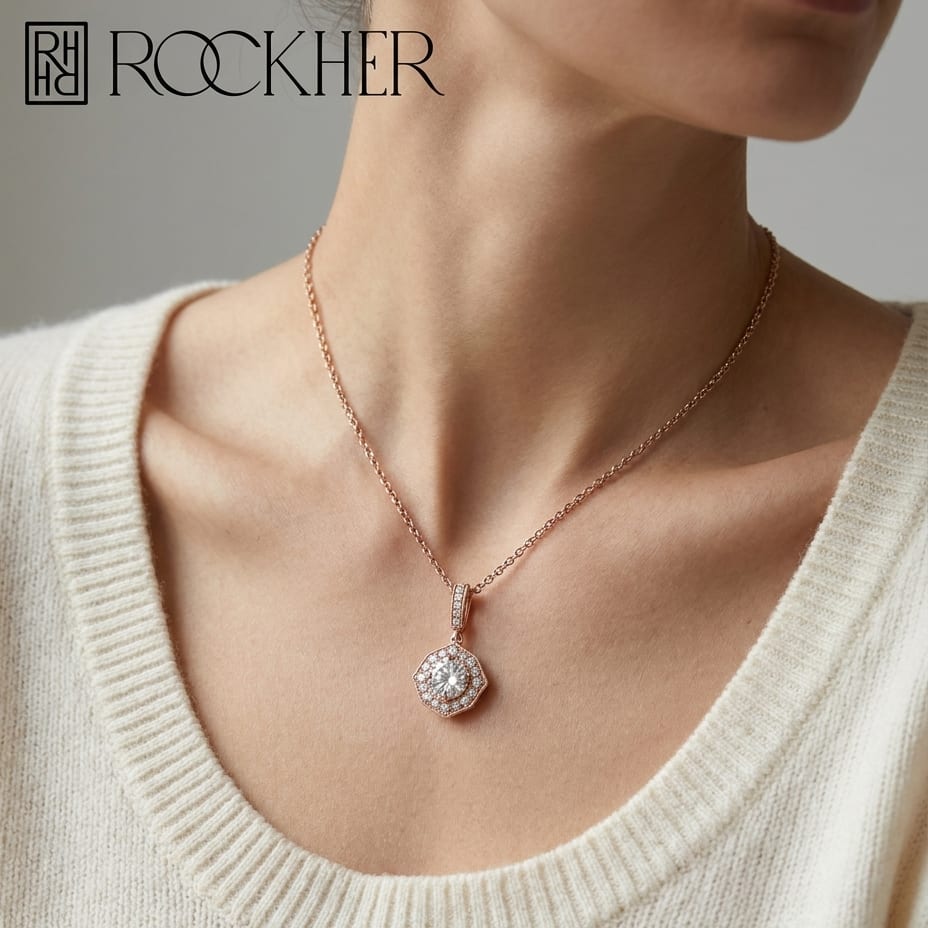 Natural Diamond Round Brilliant Pendant in 14K Rose Gold, worn close-up portrait
