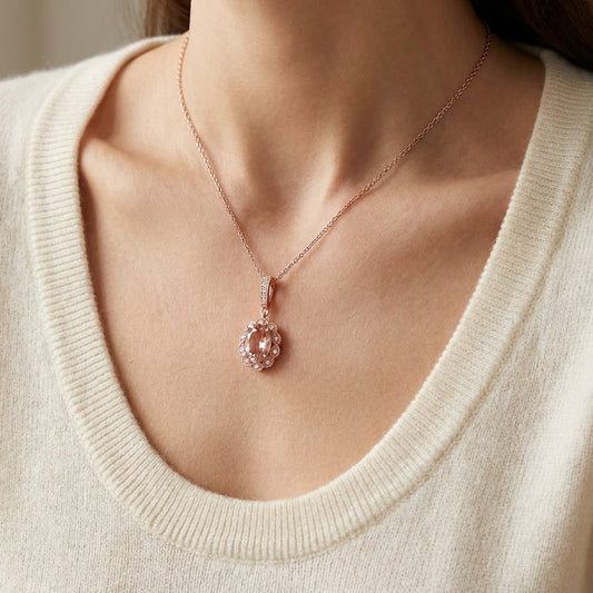 Oval Pink Tourmaline And Diamond Halo Pendant in 14K Yellow Gold (8x6mm), worn close-up portrait